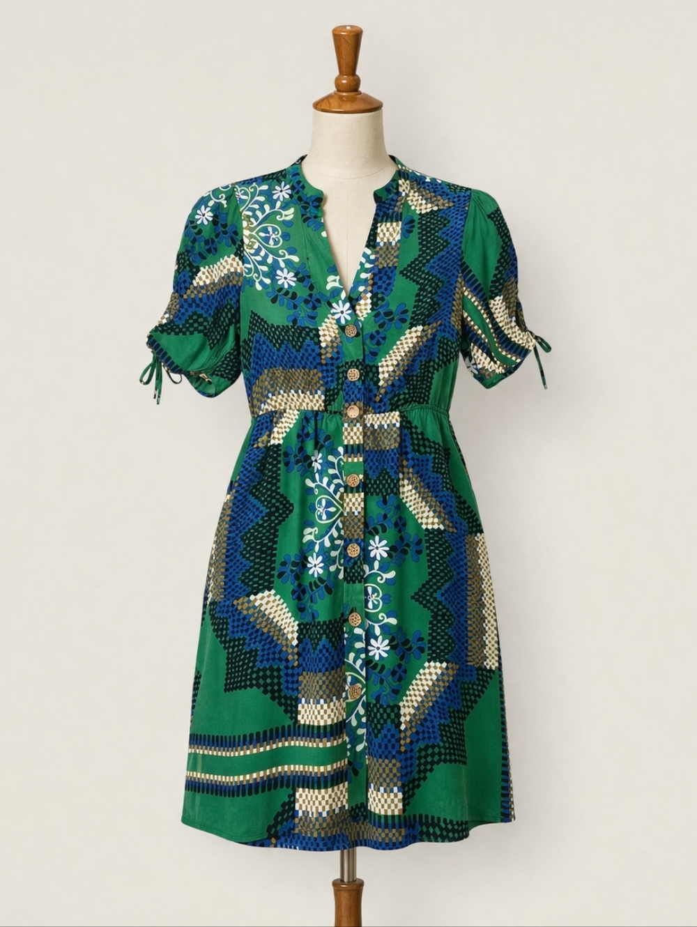 Moulinette Souers 100% Silk Shirt Dress Pockets Blue Green Floral Pockets Size 0